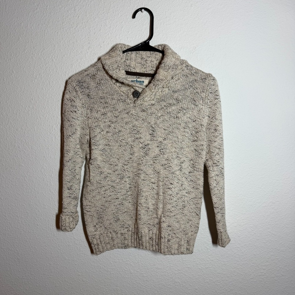 Urban Pipeline Sweater Boys Small Cream Speckled Tight Knit Ribbed Shawl Collar
